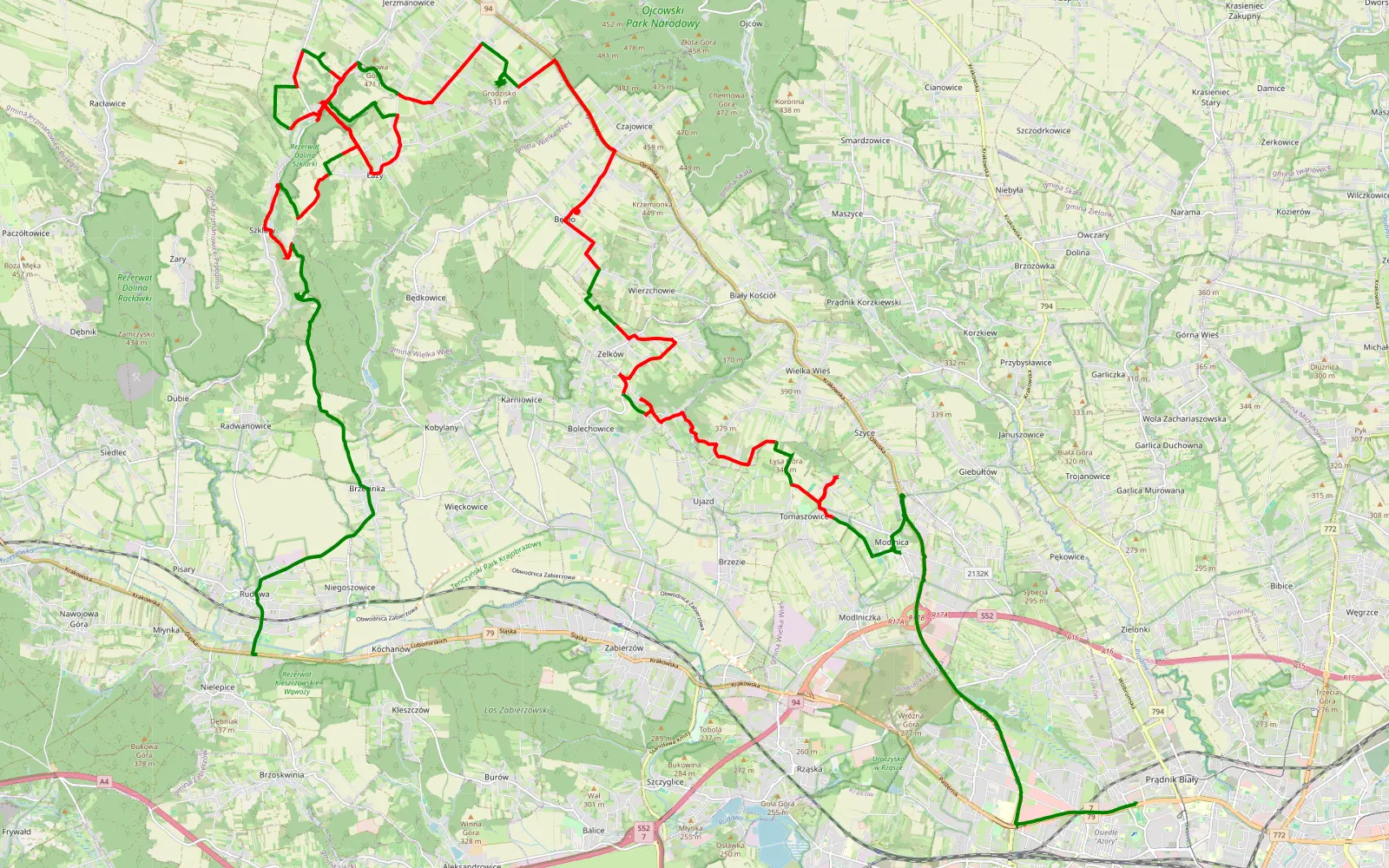 Mapa trasy Prądnik - Rudawa - 44.7 km trasy offroad, Powiat Krakowski