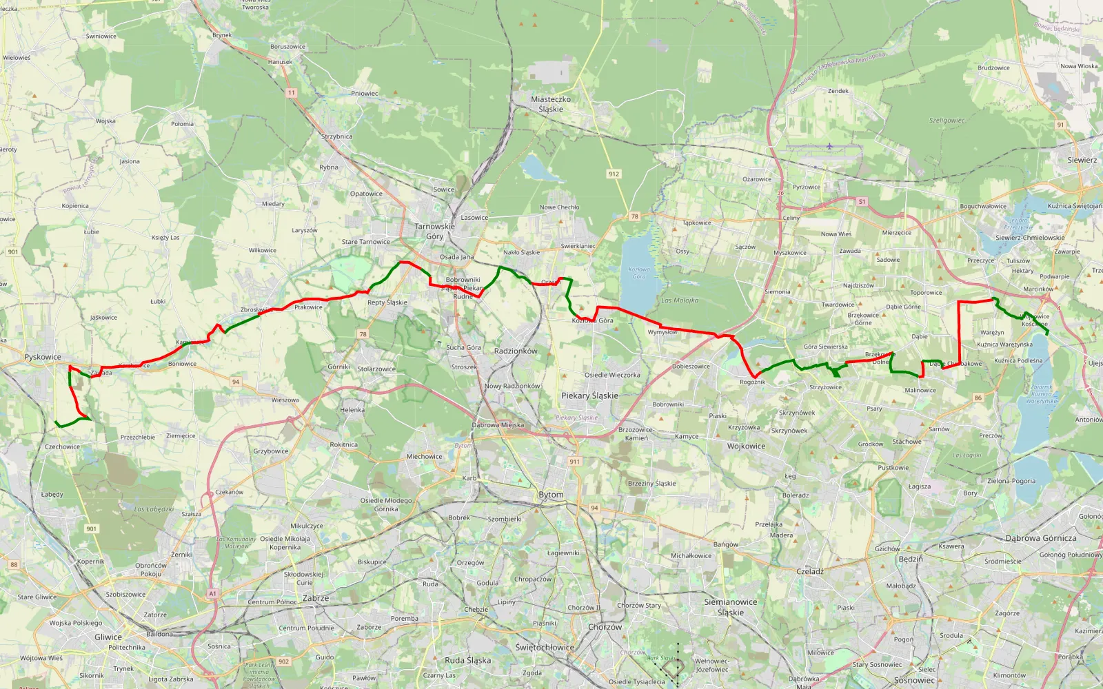 Mapa trasy Gliwice - Pogoria - 57.3 km trasy offroad, Powiat Tarnogórski