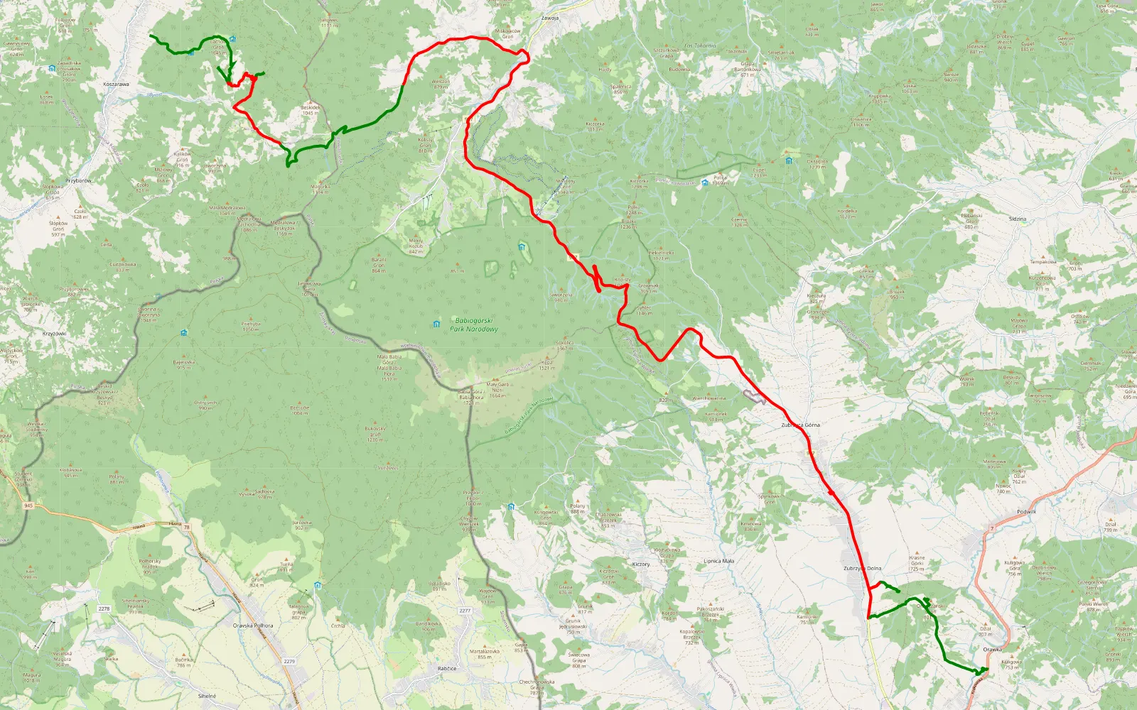 Map of Koszarawa - Orawka - 50.6 km offroad trail, Nowy Targ County