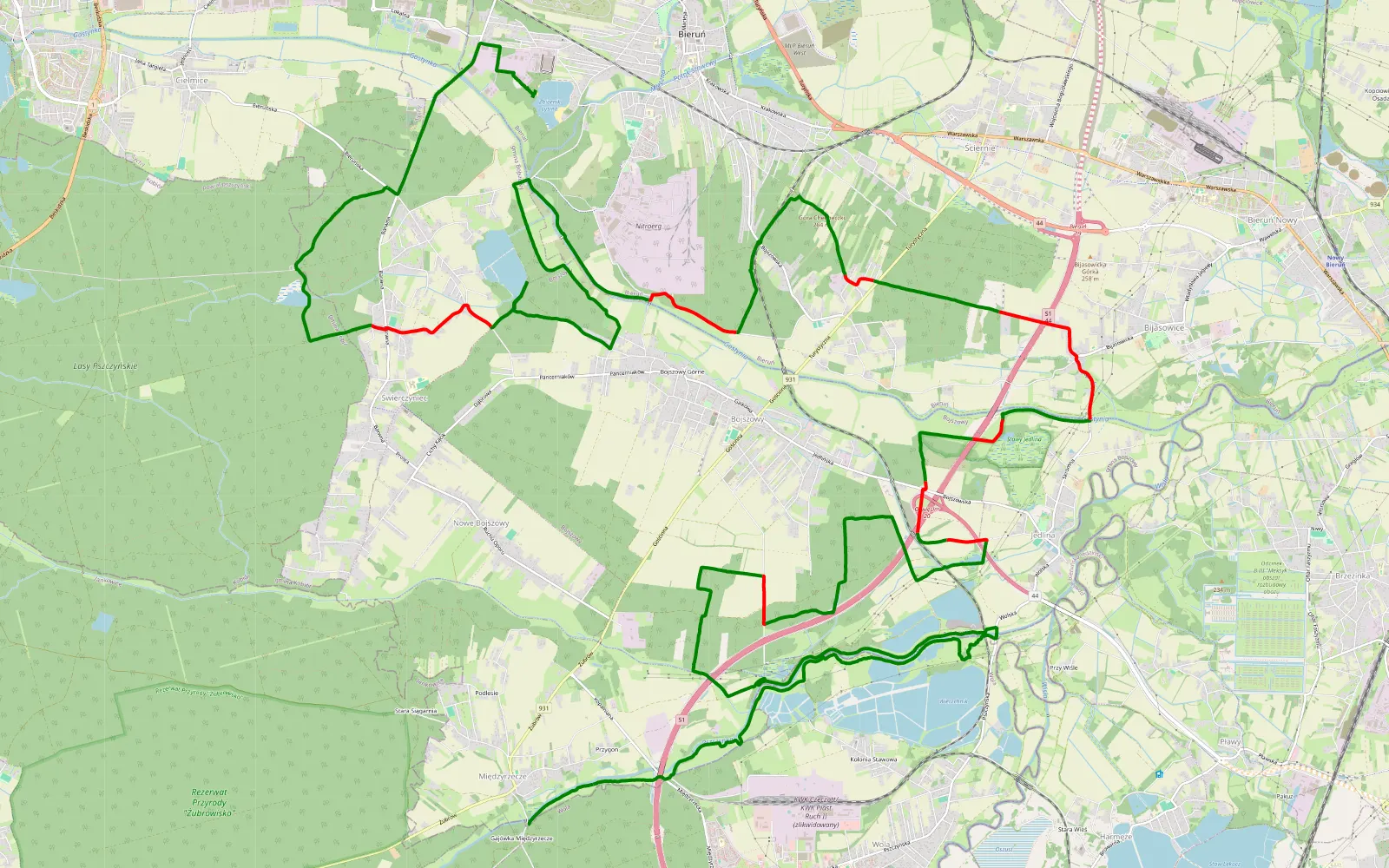 Mapa trasy Bojszowy ,Bieruń i Okolice - 37.9 km trasy offroad, Powiat Bieruńsko-lędziński