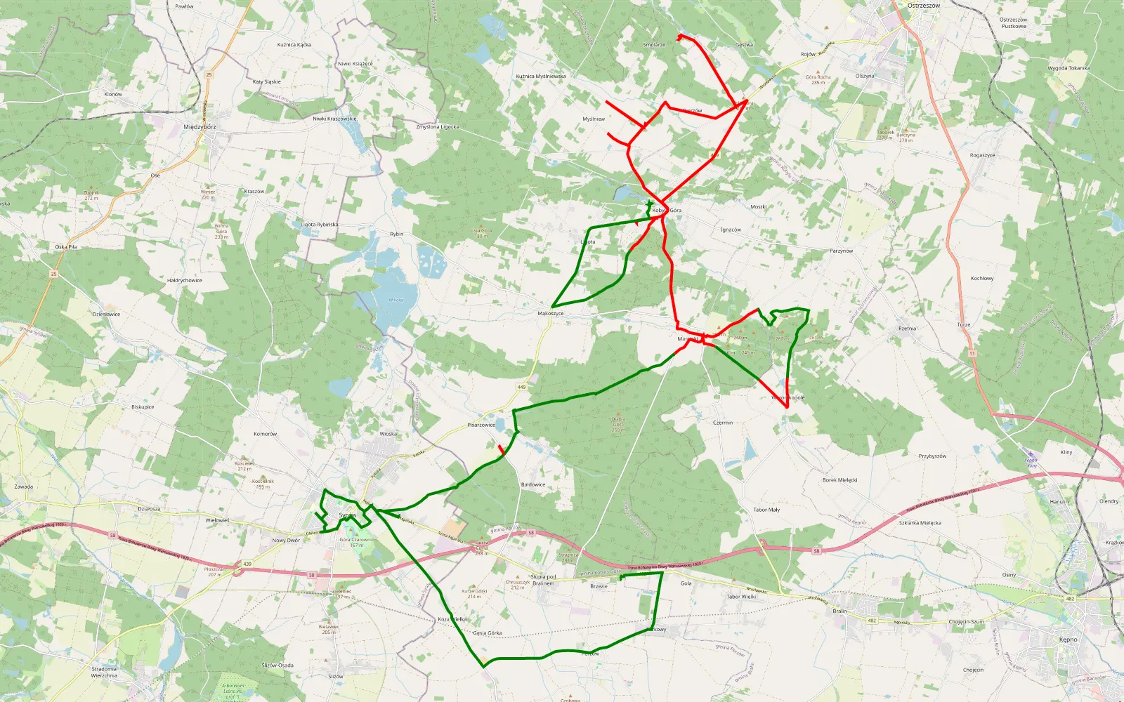 Mapa trasy Gola - Kobyla Góra - 48.3 km trasy offroad, Powiat Ostrzeszowski