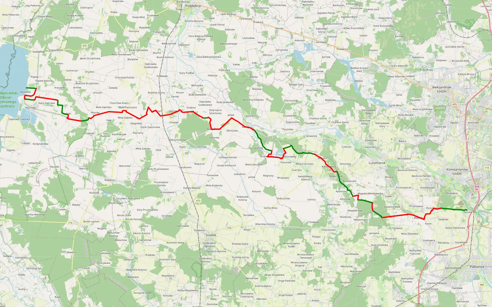 Mapa trasy Gorzew - Popów - 61.5 km trasy offroad, Powiat Poddębicki