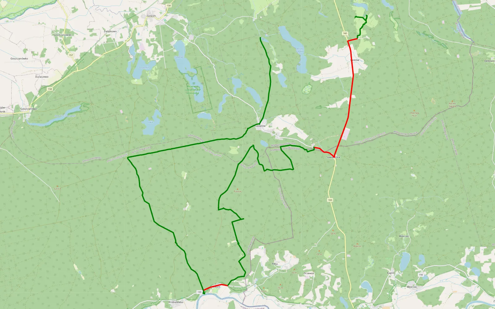 Mapa trasy Okolice Siedlisko Zaśpiew i Warta - 48.3 km trasy offroad, Powiat Międzyrzecki