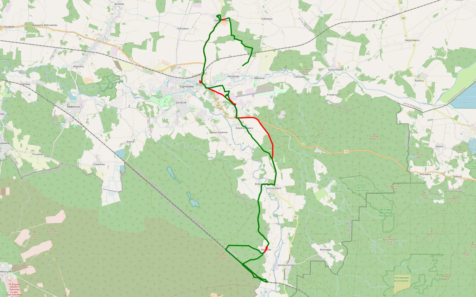 Map of Wiechlice - Pasterzowice - 34.7 km offroad trail, Żagań County