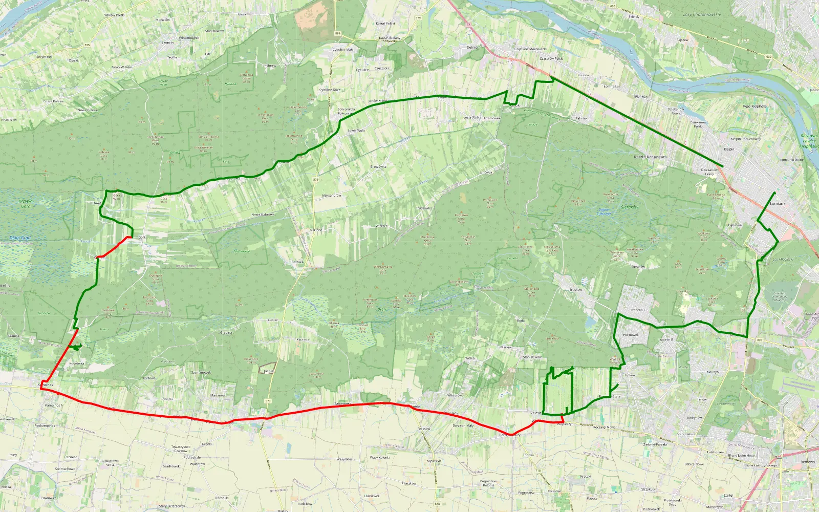 Map of Kiełpin Poduchowny - Łomianki - 44.6 km offroad trail, Warsaw West County