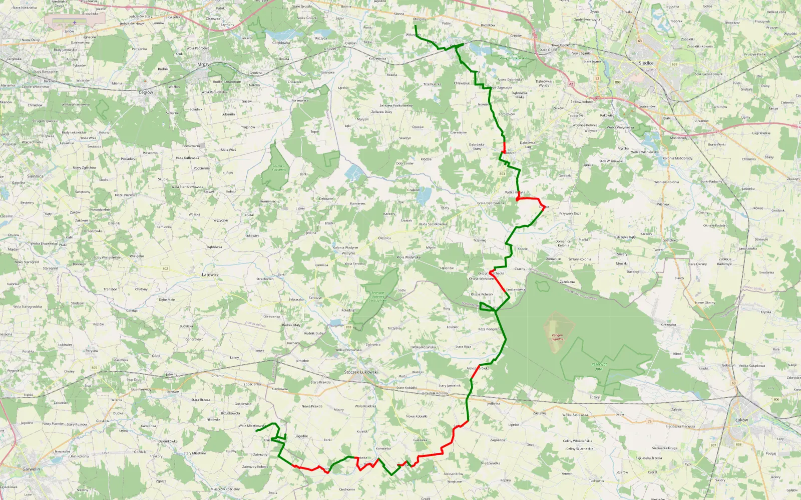 Mapa trasy Mingosy - Wola Miastkowska - 60.1 km trasy offroad, Powiat Łukowski