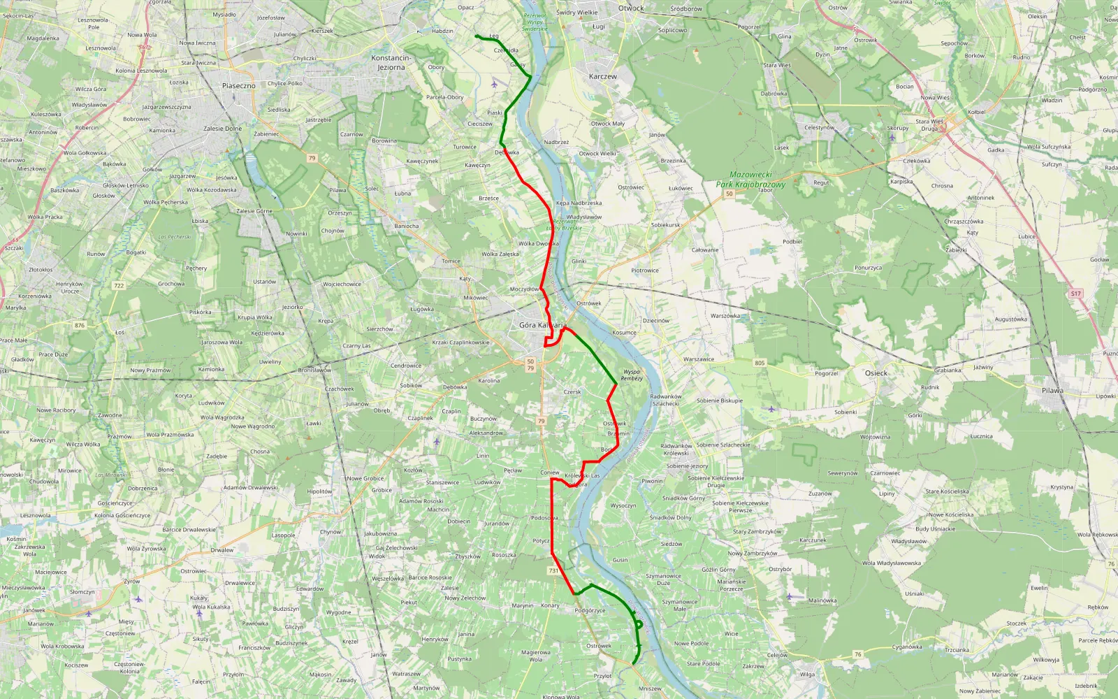 Mapa trasy Łęg - Przylot - 35.7 km trasy offroad, Powiat Piaseczyński