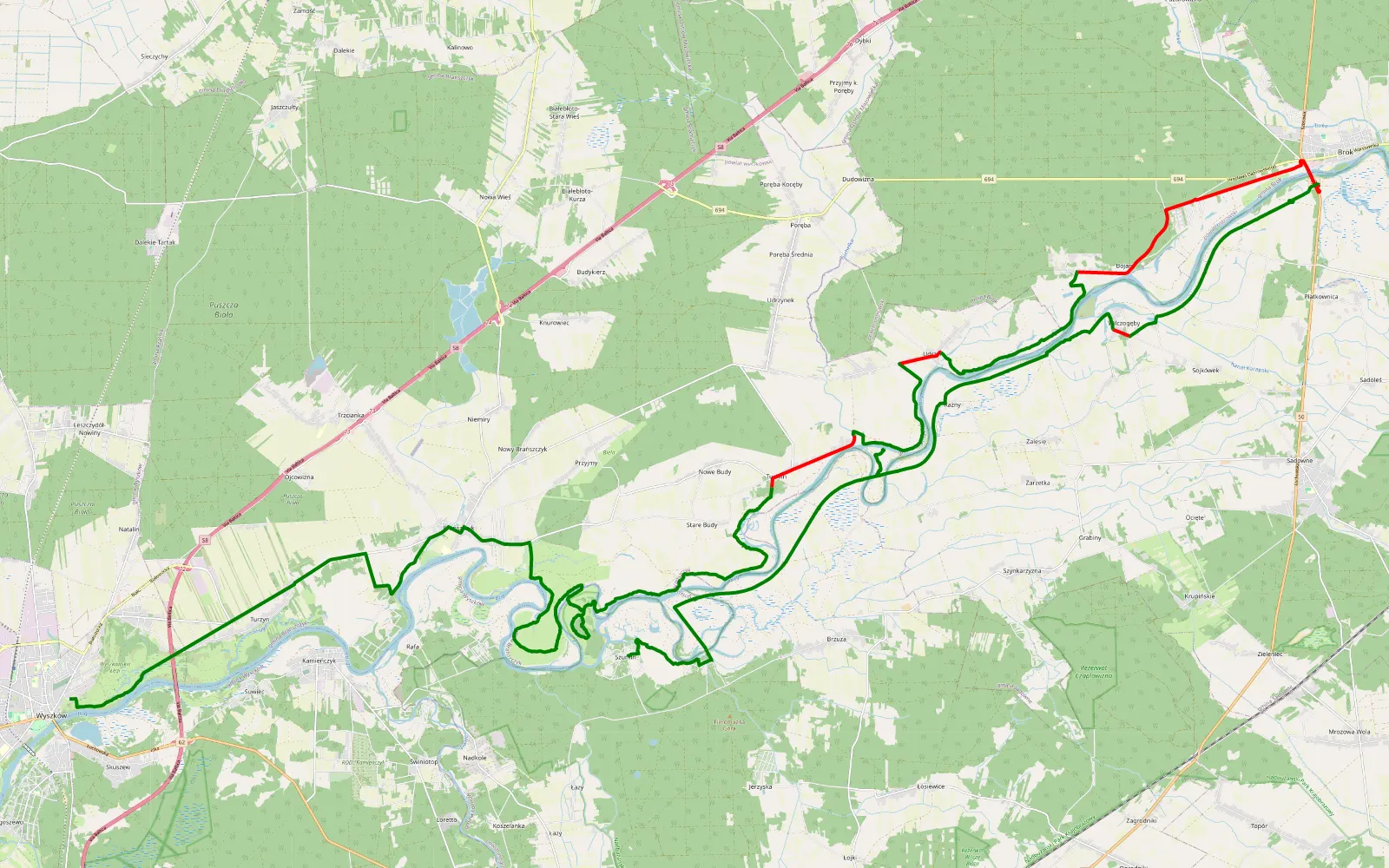 Mapa trasy Wyszków - Szumin - 54.8 km trasy offroad, Powiat Wyszkowski