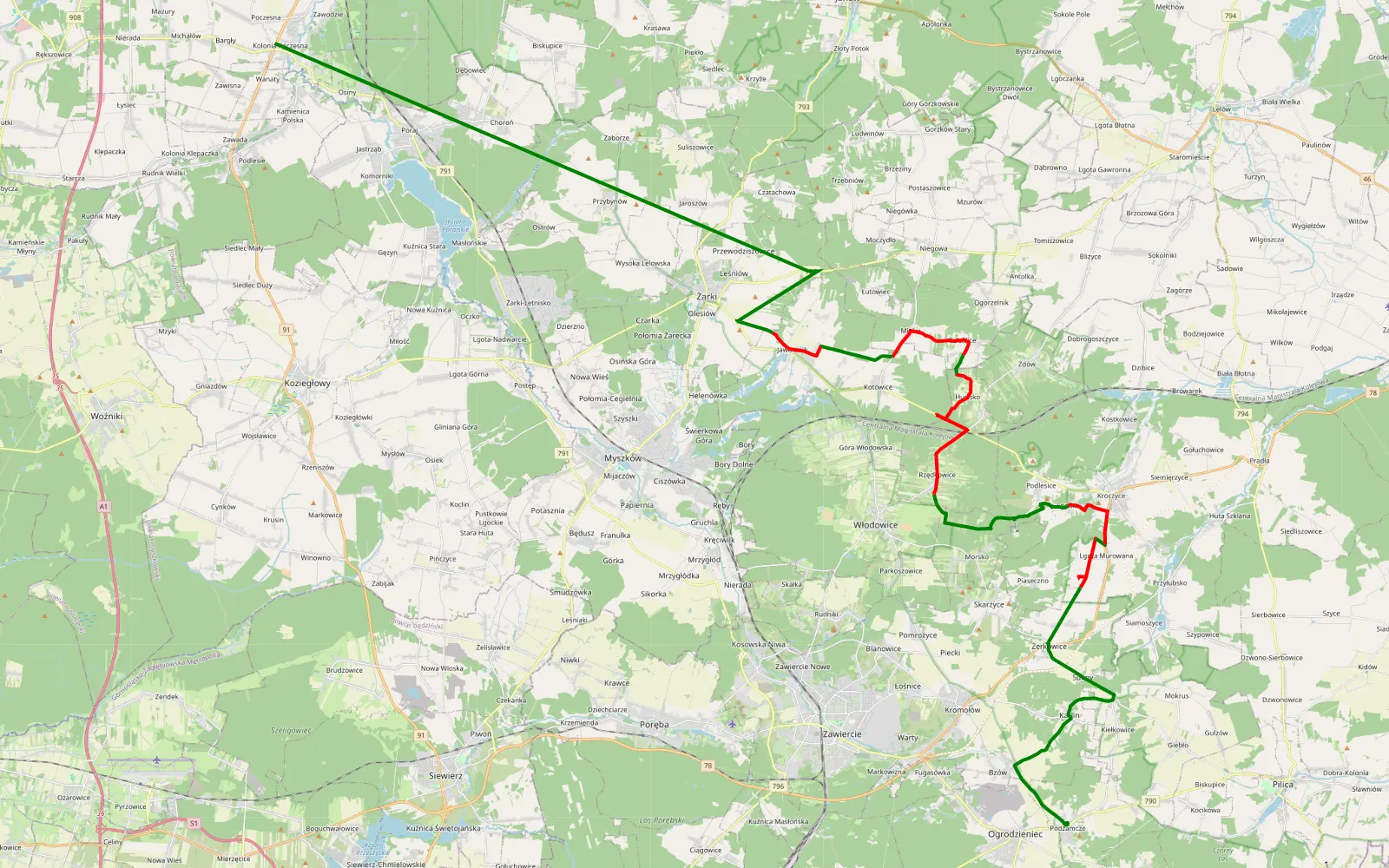 Mapa trasy Podzamcze - Kolonia Poczesna - 31.5 km trasy offroad, Powiat Zawierciański