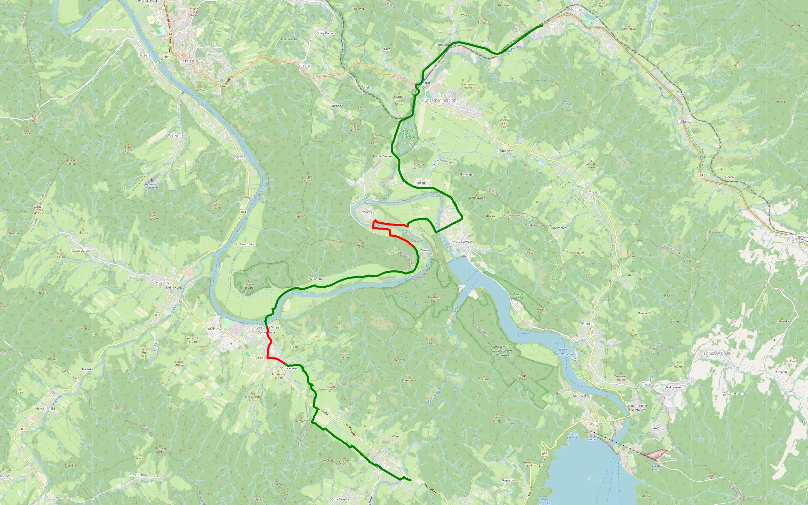 Mapa trasy Średnia Wieś przejazdy przez San - 12 km trasy offroad, Powiat Leski