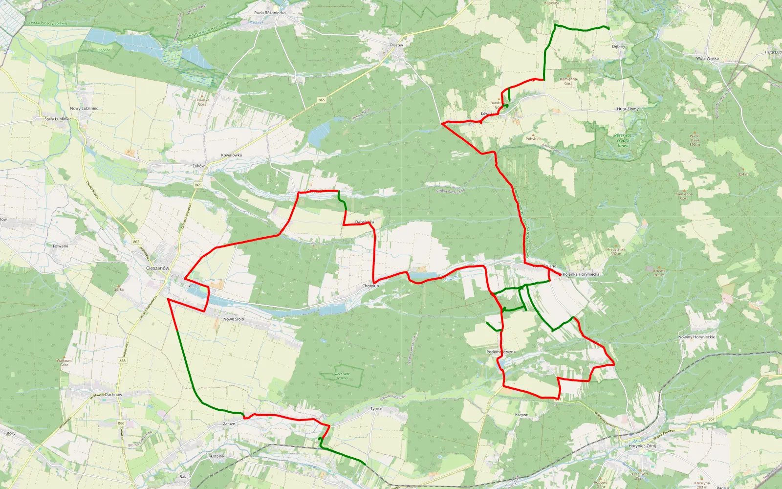 Map of Dębiny - Basznia Dolna - 68.8 km offroad trail, Lubaczów County