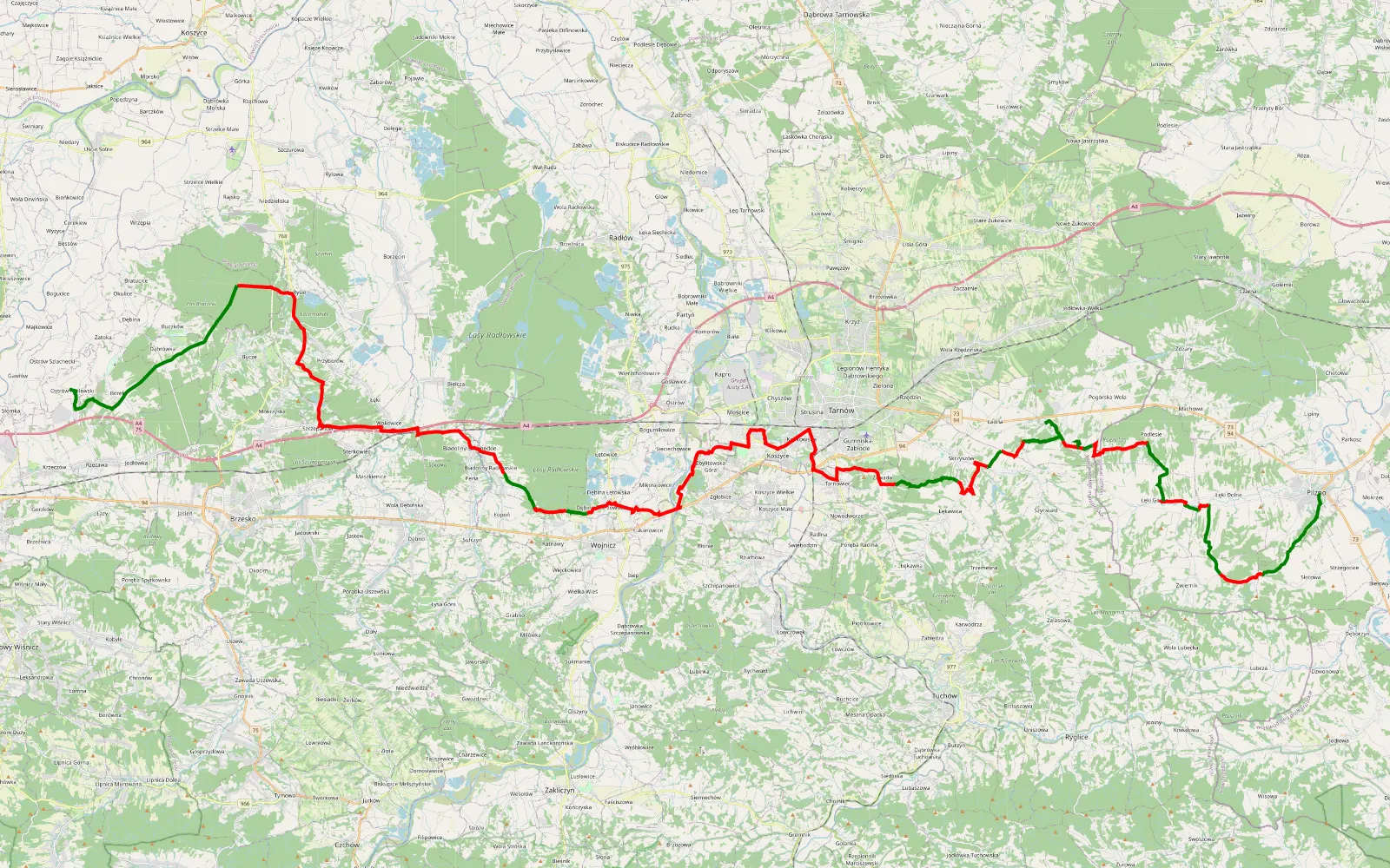 Mapa trasy Pilzno - Ostrów Królewski - 84.6 km trasy offroad, Powiat Tarnowski