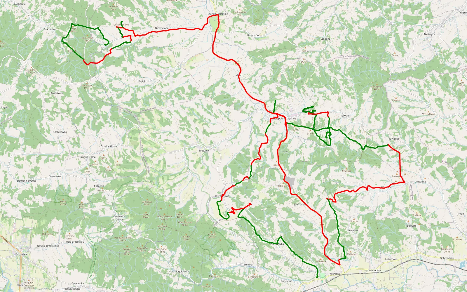 Mapa trasy Wiśniowa - Stasiówka - 86.9 km trasy offroad, Powiat Ropczycko-sędziszowski
