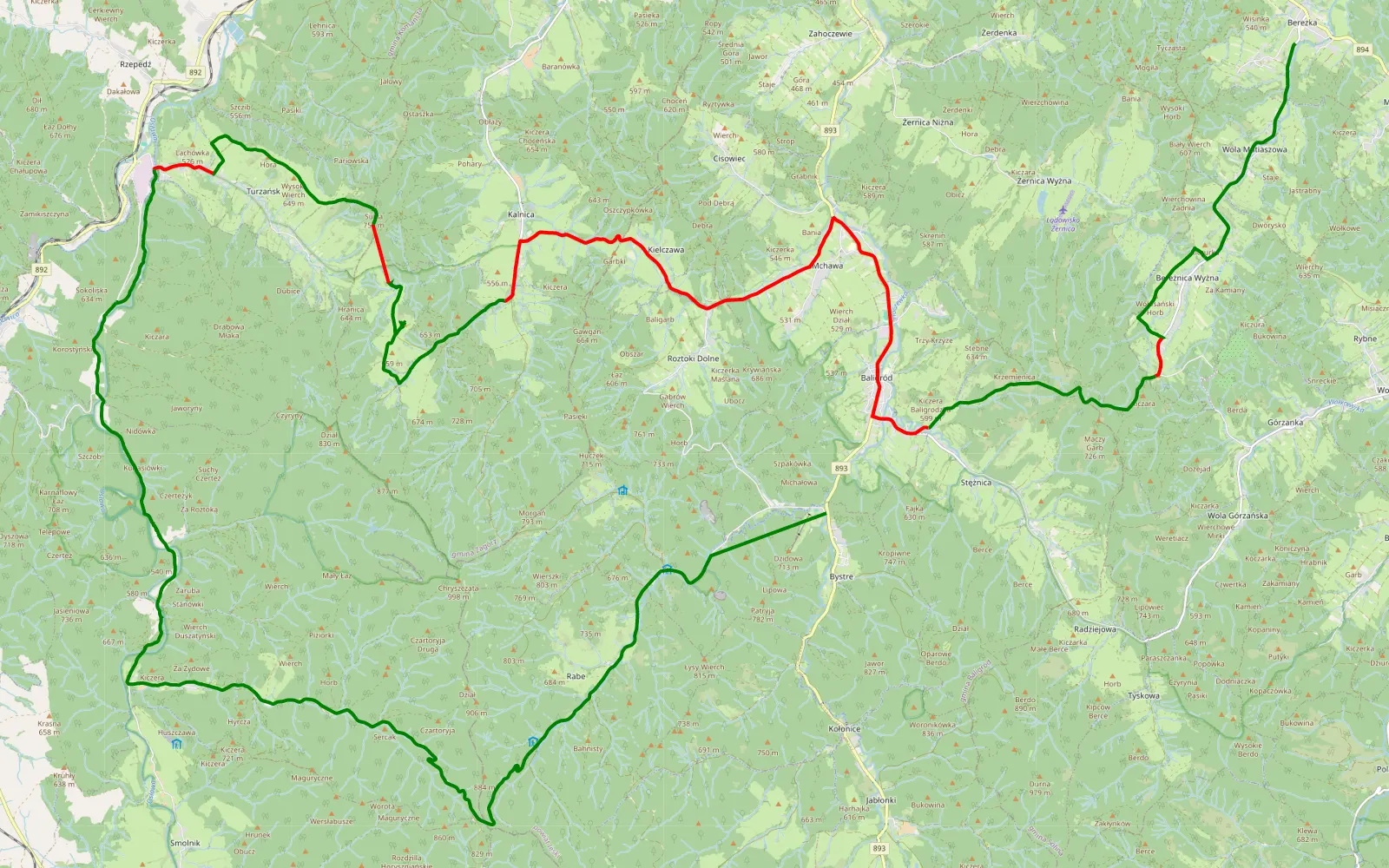 Mapa trasy Berezka - Rabe łagodne przejazdy San, widoki - 35.1 km trasy offroad, Powiat Sanocki