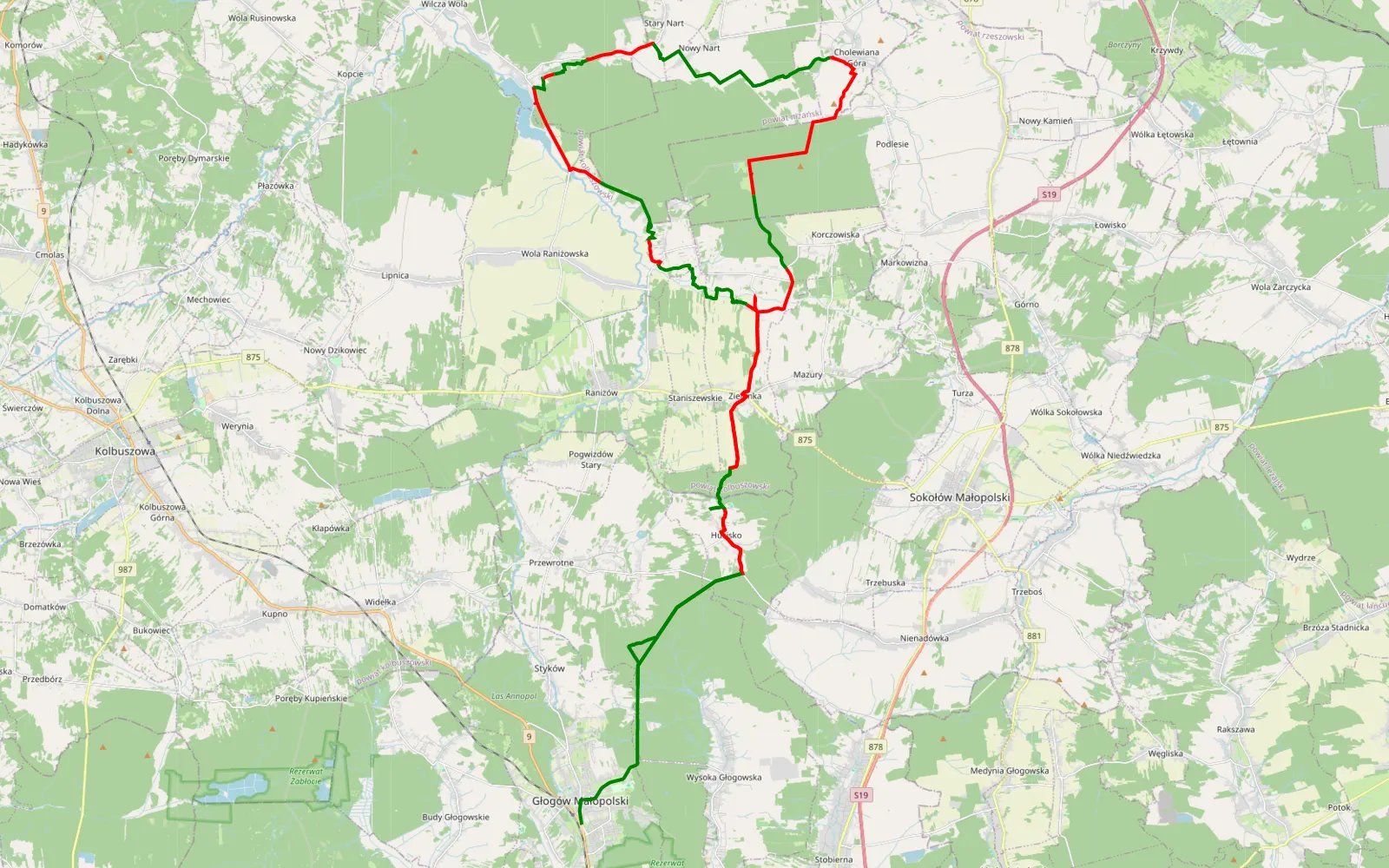 Mapa trasy Głogów Małopolski - Janciówka - 63.7 km trasy offroad, Powiat Kolbuszowski
