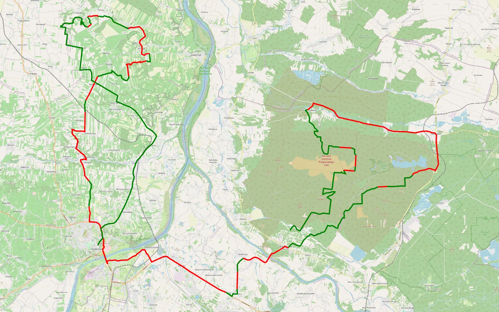 Mapa trasy Radomyśl - Sandomierz - 101.2 km trasy offroad, Powiat Stalowowolski