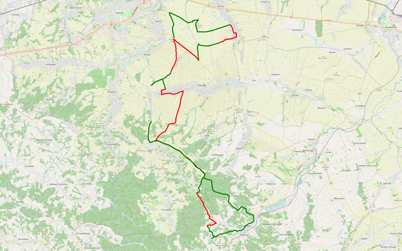 Mapa trasy Sonina - Handzlówka: Dobre na mokro - 33.6 km trasy offroad, Powiat Łańcucki