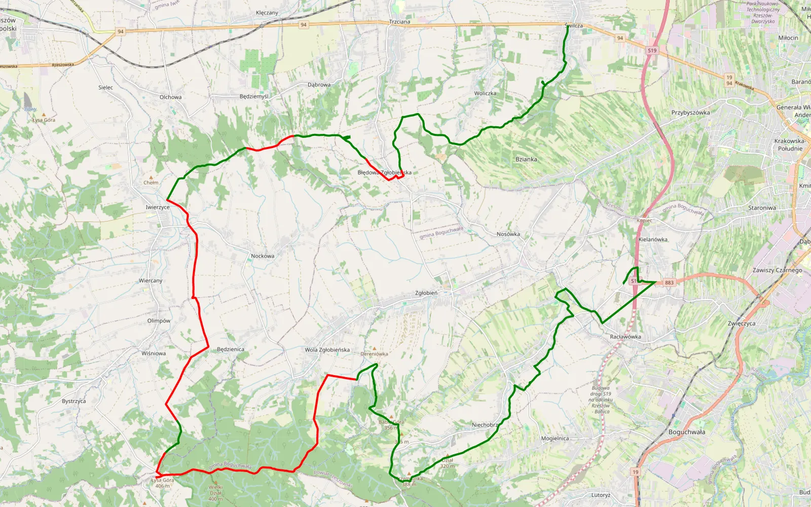 Mapa trasy Racławówka - Świlcza - 31.9 km trasy offroad, Powiat Rzeszowski