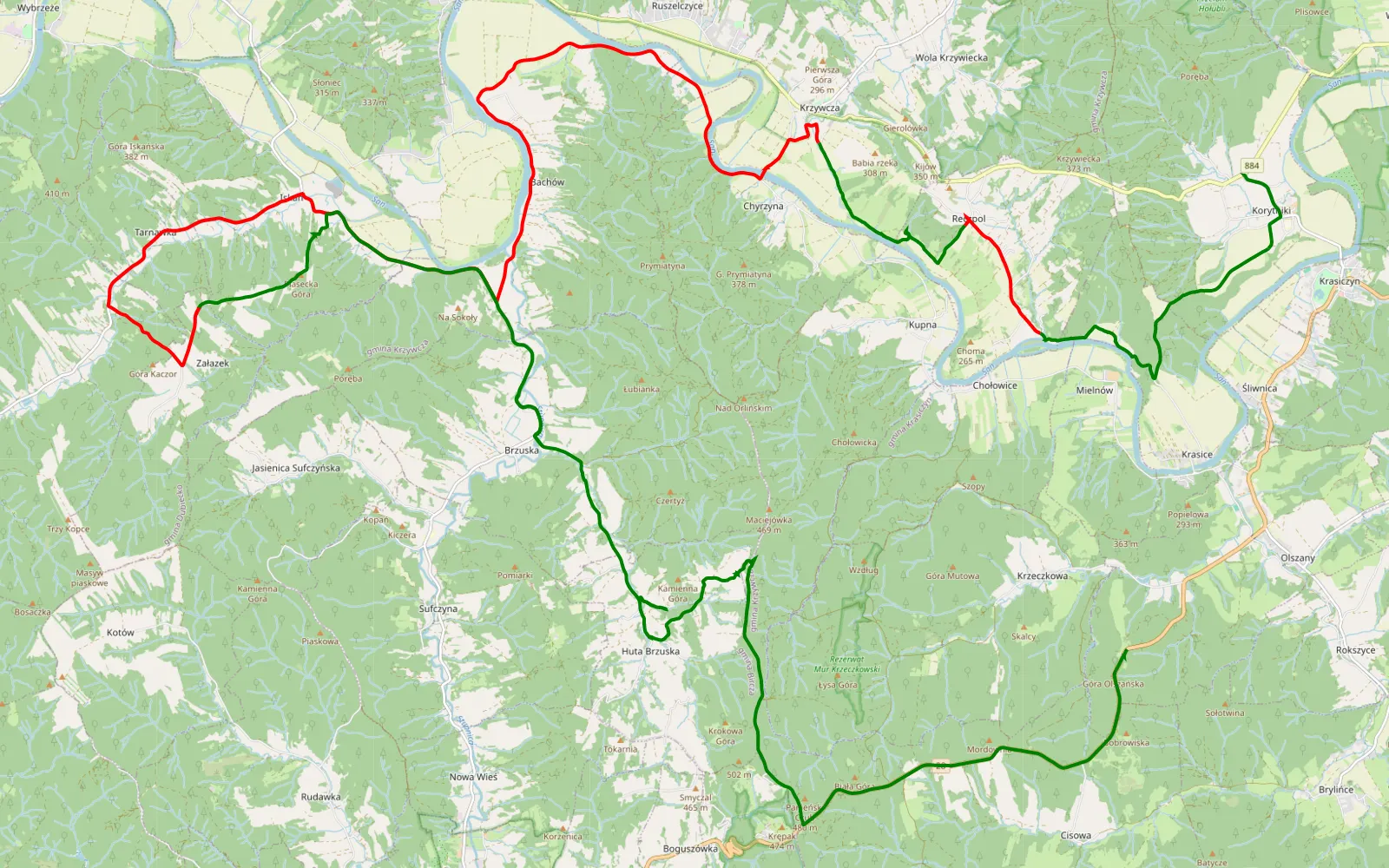 Mapa trasy Krzywcza - 34.4 km trasy offroad, Powiat Przemyski