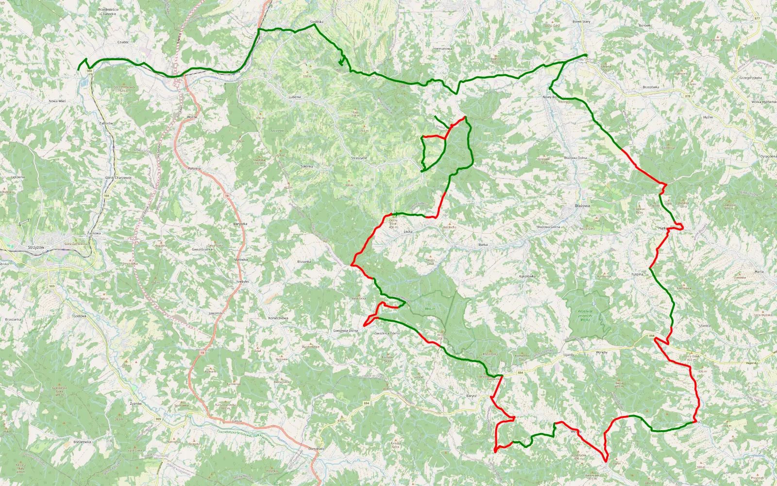 Mapa trasy Kamieniec - Nowa Wieś Czudecka - 61.5 km trasy offroad, Powiat Rzeszowski