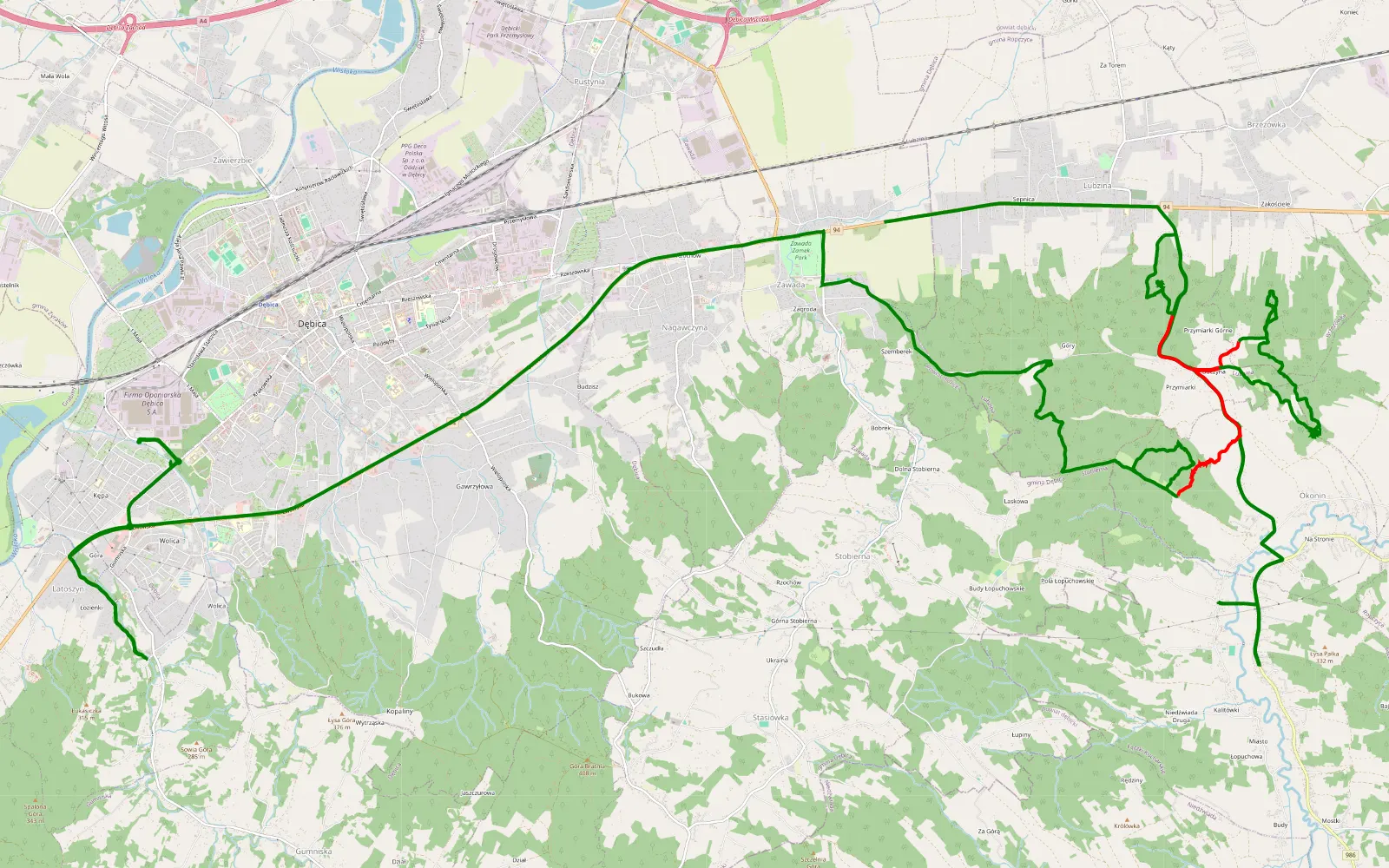 Mapa trasy Zawada - Latoszyn - 17.1 km trasy offroad, Powiat Ropczycko-sędziszowski