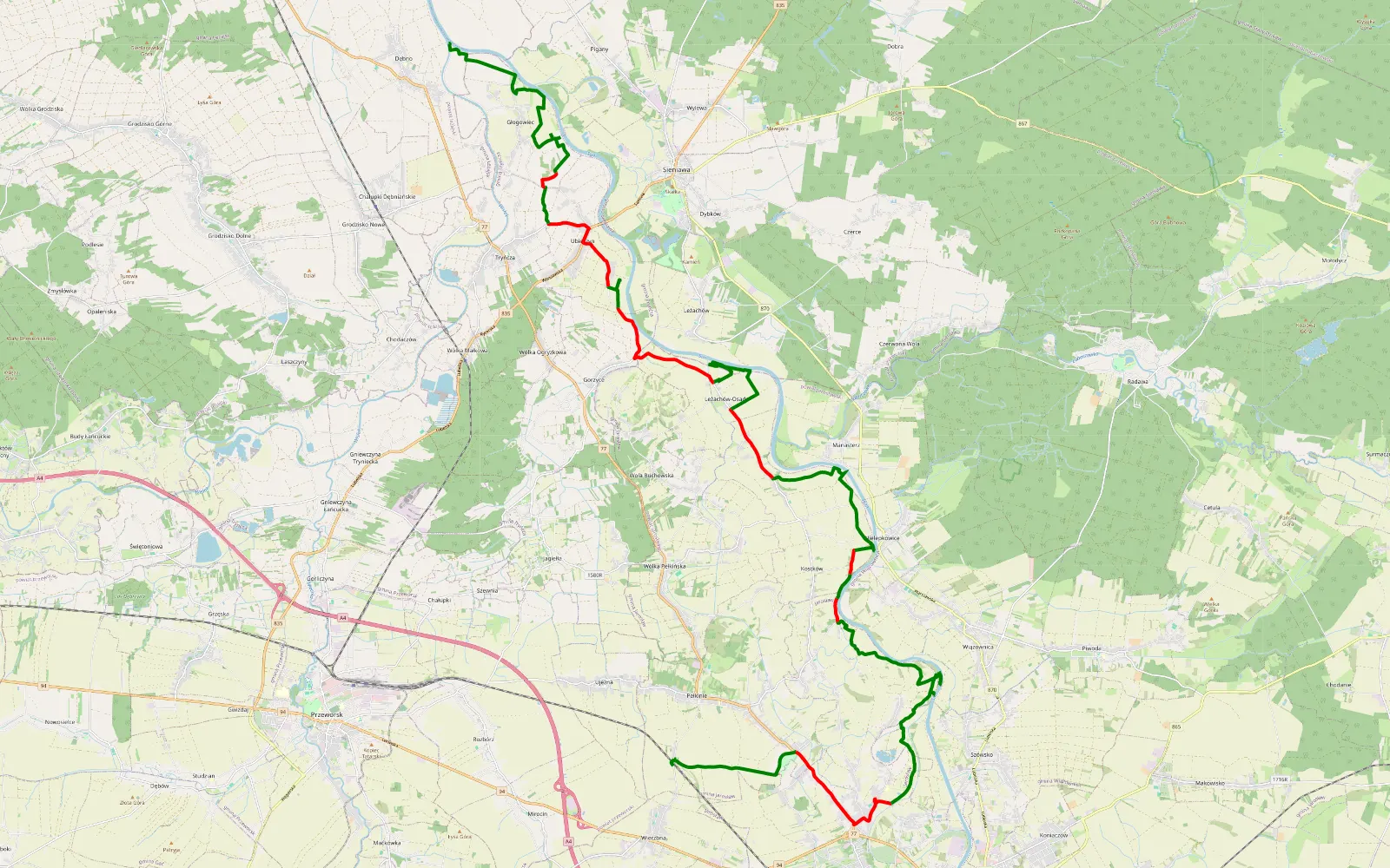 Mapa trasy Pełkinie - Dębno - 44.6 km trasy offroad, Powiat Jarosławski