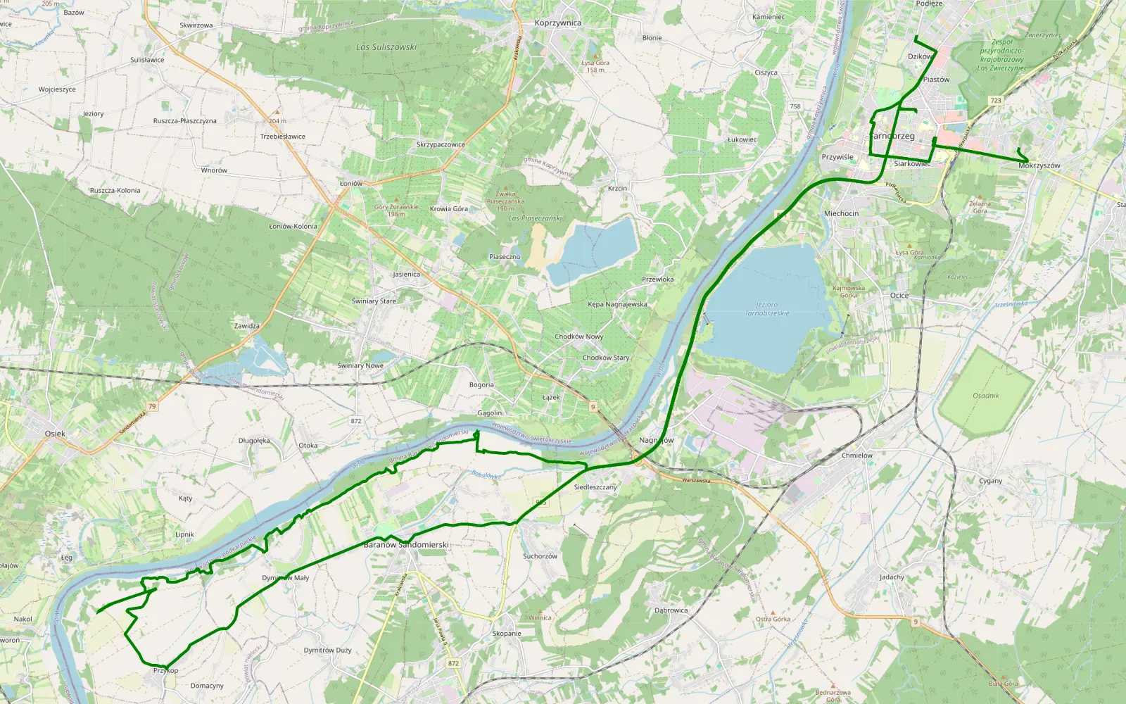 Map of przykop...Radowąż - Mokrzyszów - 16.8 km offroad trail, Tarnobrzeg County