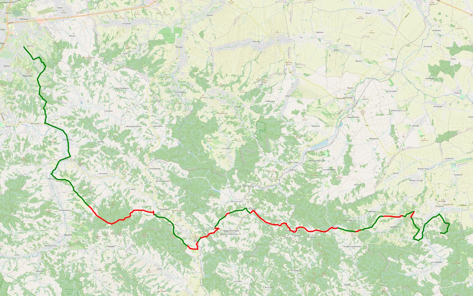 Mapa trasy Rzeszów > Pruchnik - 38.8 km trasy offroad, Powiat Rzeszowski