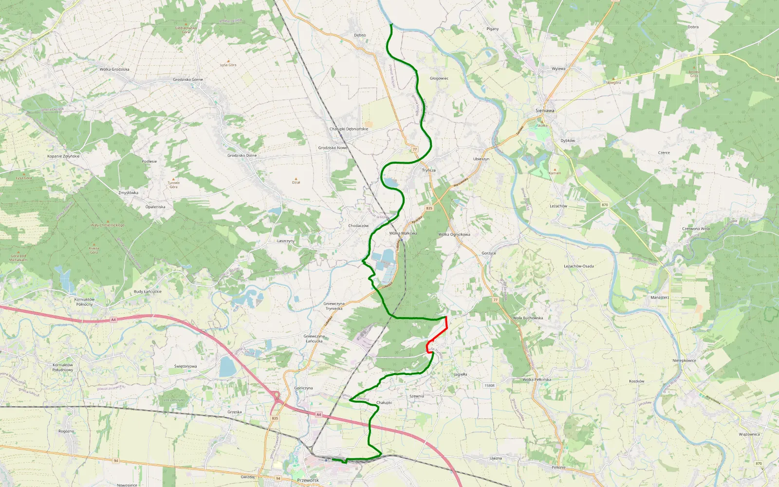 Mapa trasy Przeworsk - Dębno - 21.7 km trasy offroad, Powiat Przeworski