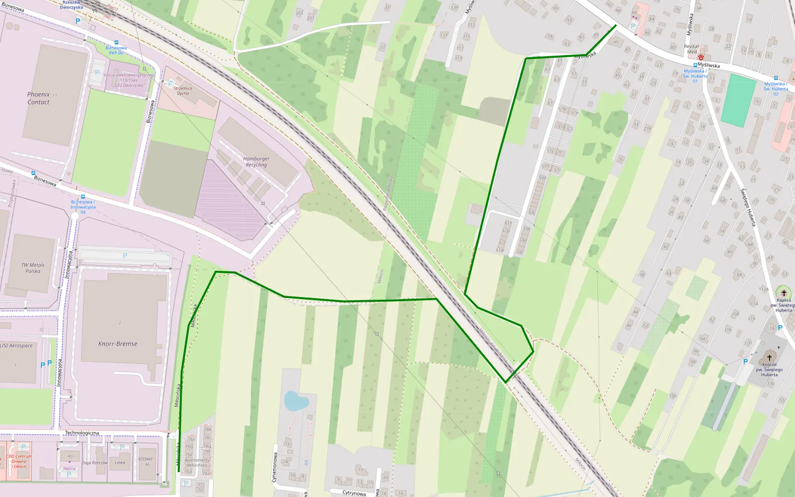 Mapa trasy Miłocińska - Myśliwska - 1.6 km trasy offroad, Rzeszów