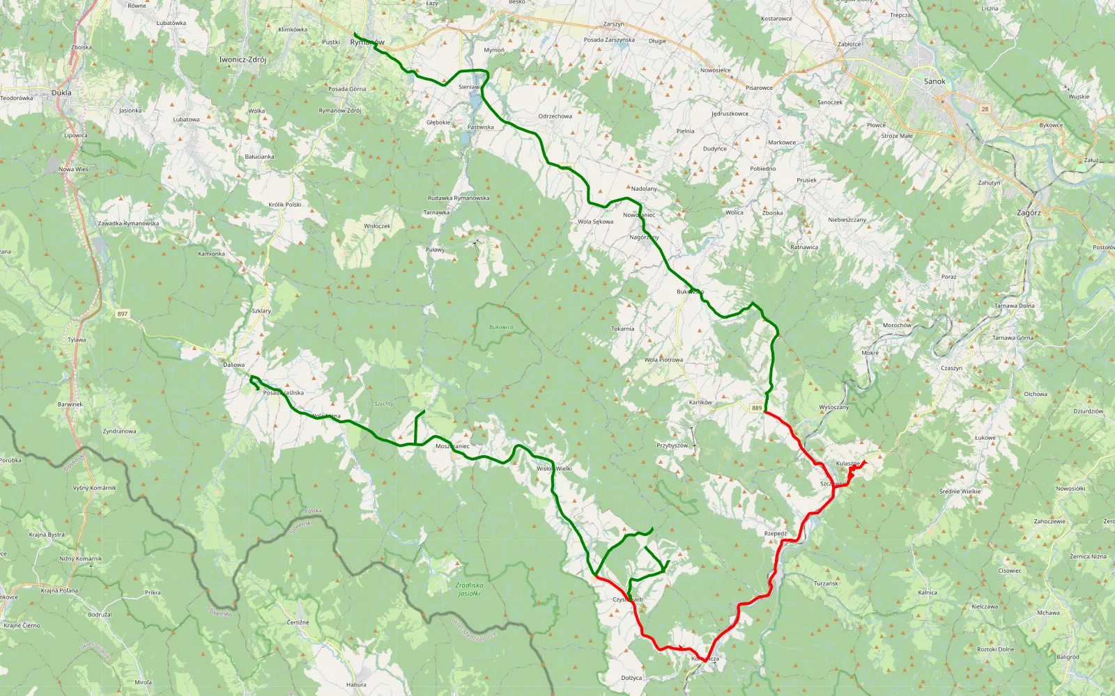 Mapa trasy Rymanów - Jaśliska - 51.7 km trasy offroad, Powiat Sanocki