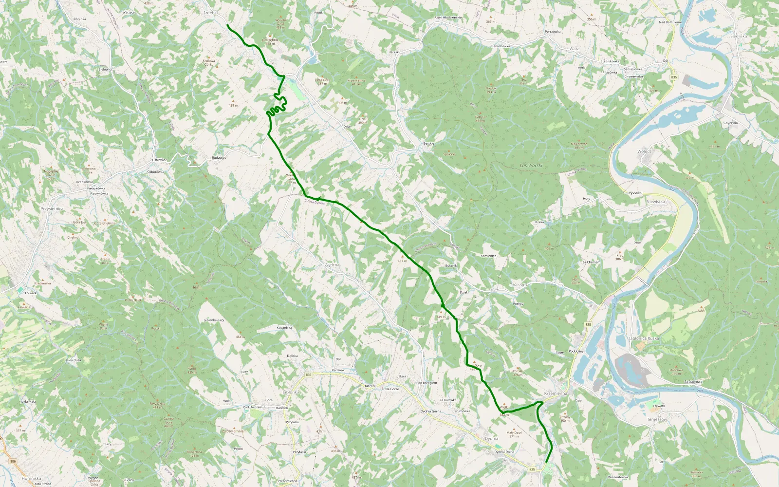 Mapa trasy Dydnia - Izdebki - 7.8 km trasy offroad, Powiat Brzozowski