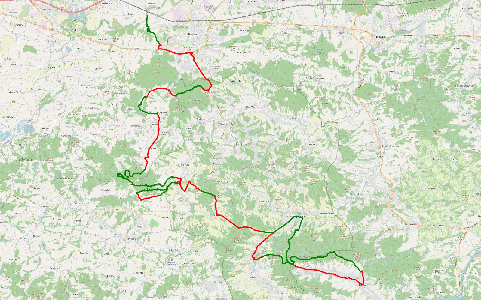 Mapa trasy Bochnia-lipnica - 72.6 km trasy offroad, Powiat Bocheński
