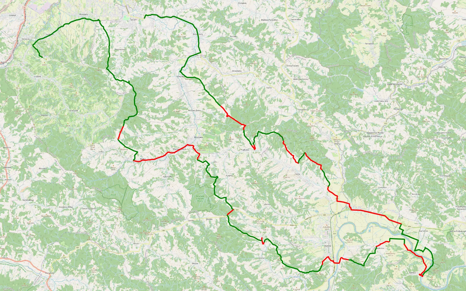 Mapa trasy Tyczyn - Lubenia - 74.5 km trasy offroad, Powiat Rzeszowski