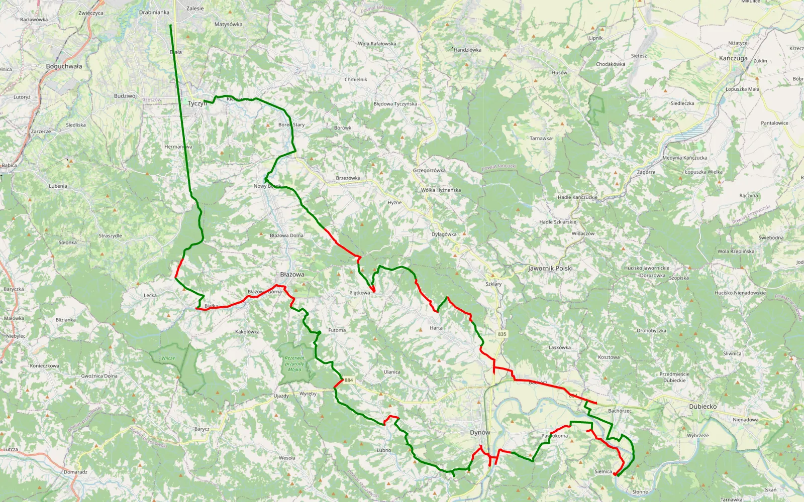 Mapa trasy Tyczyn - Kamieniec - 81.3 km trasy offroad, Powiat Rzeszowski