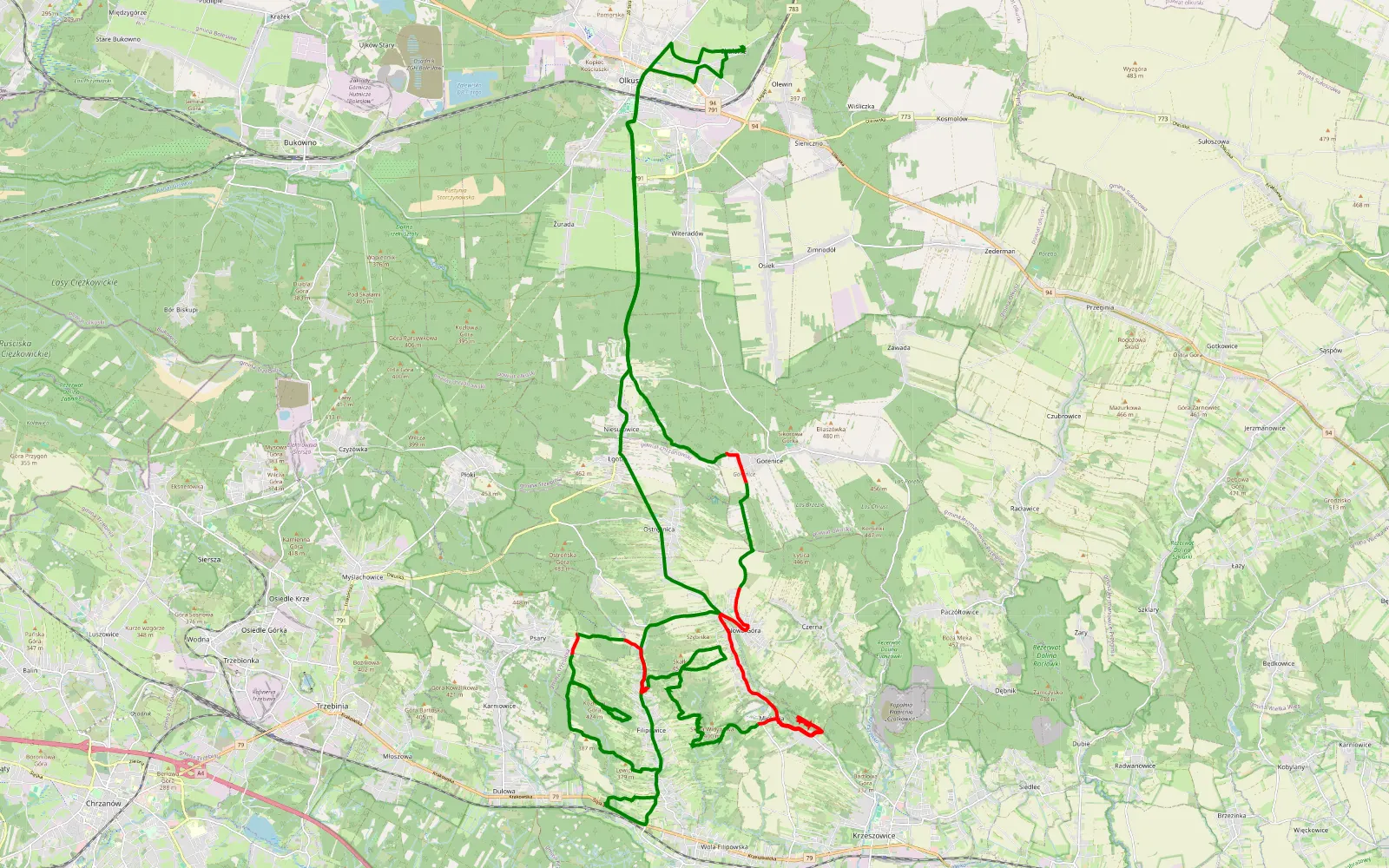 Mapa trasy Olkusz Trzebinia Mienkinia Olkusz - 33 km trasy offroad, Powiat Krakowski