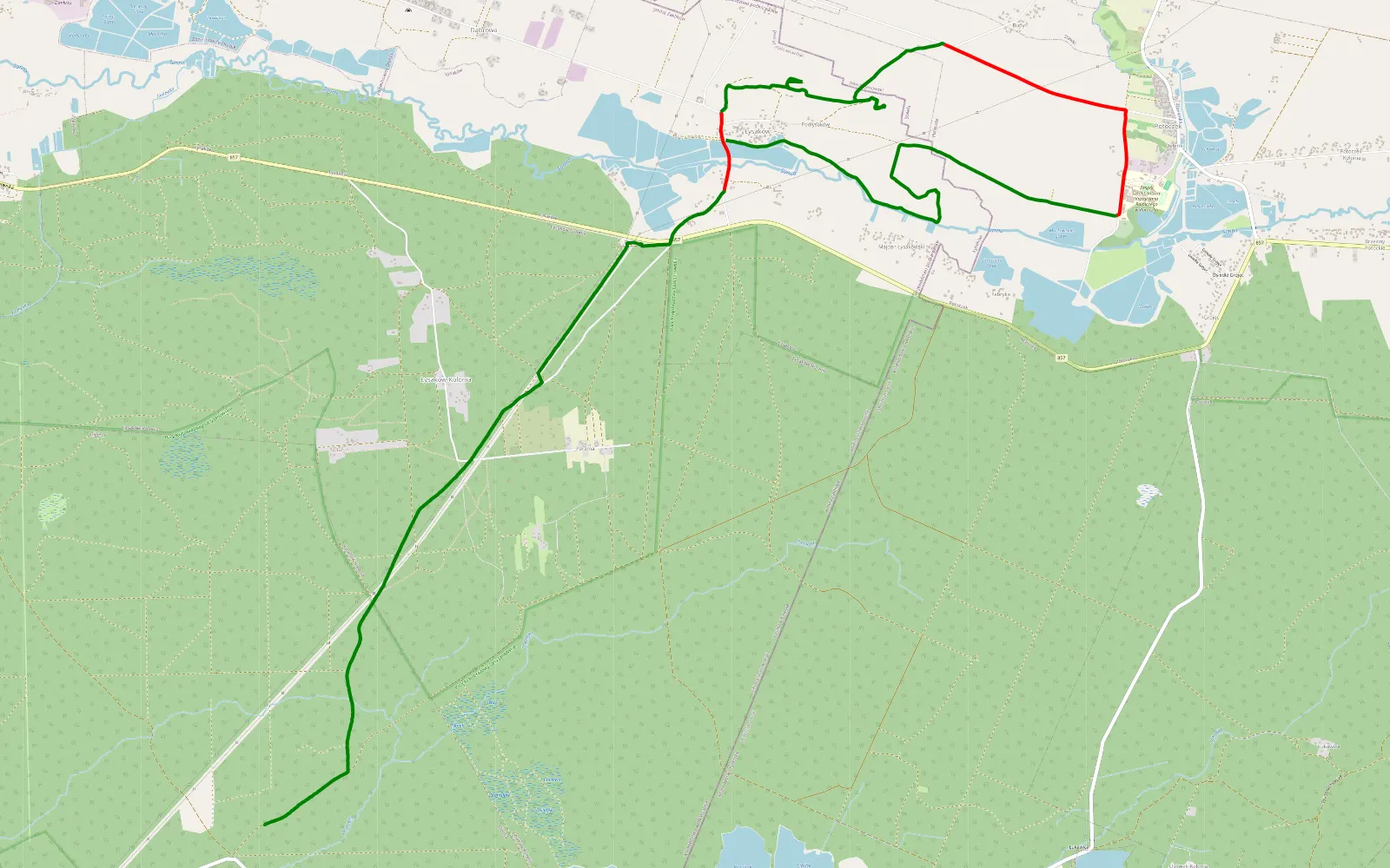 Mapa trasy Gielnia - Majdan Łysakowski - 14.6 km trasy offroad, Powiat Stalowowolski