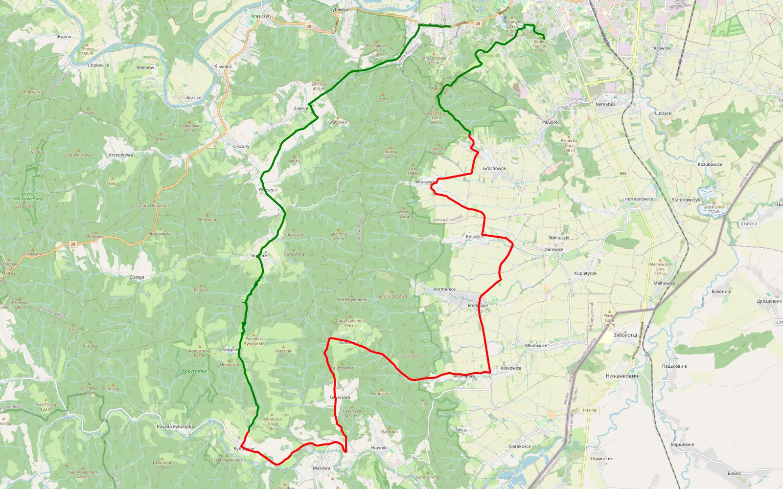 Mapa trasy Kopysno- Przemyśl - 33.7 km trasy offroad, Powiat Przemyski