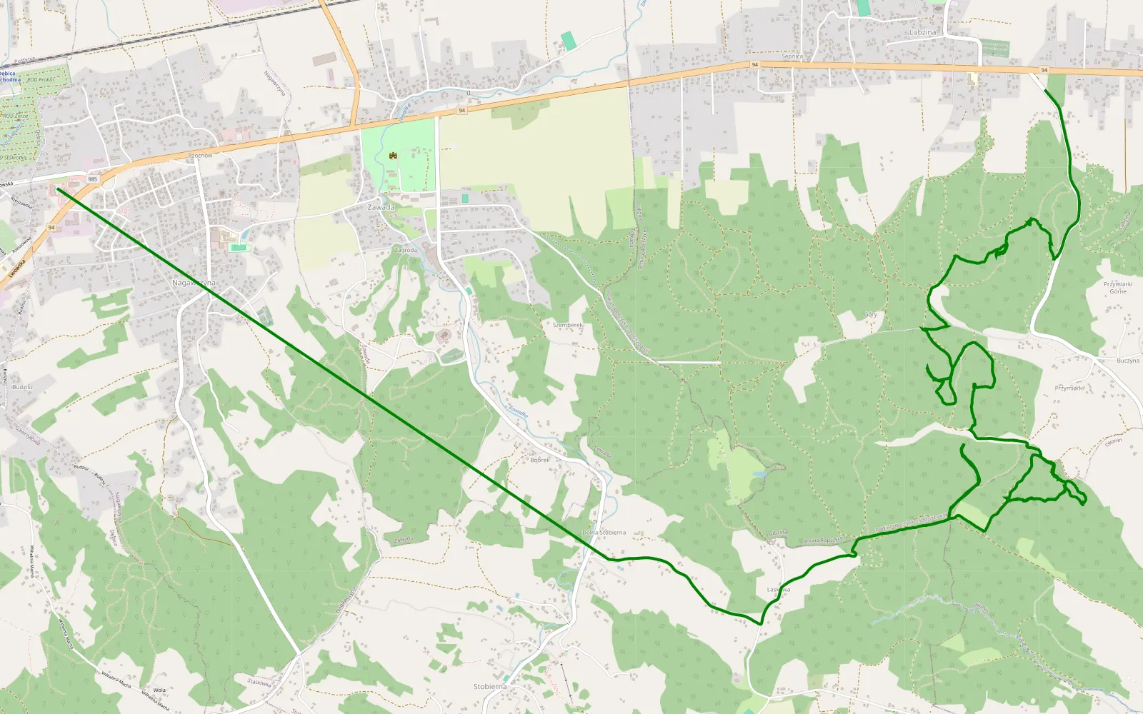Mapa trasy Nagawczyna - Lubzina - 9.5 km trasy offroad, Powiat Ropczycko-sędziszowski