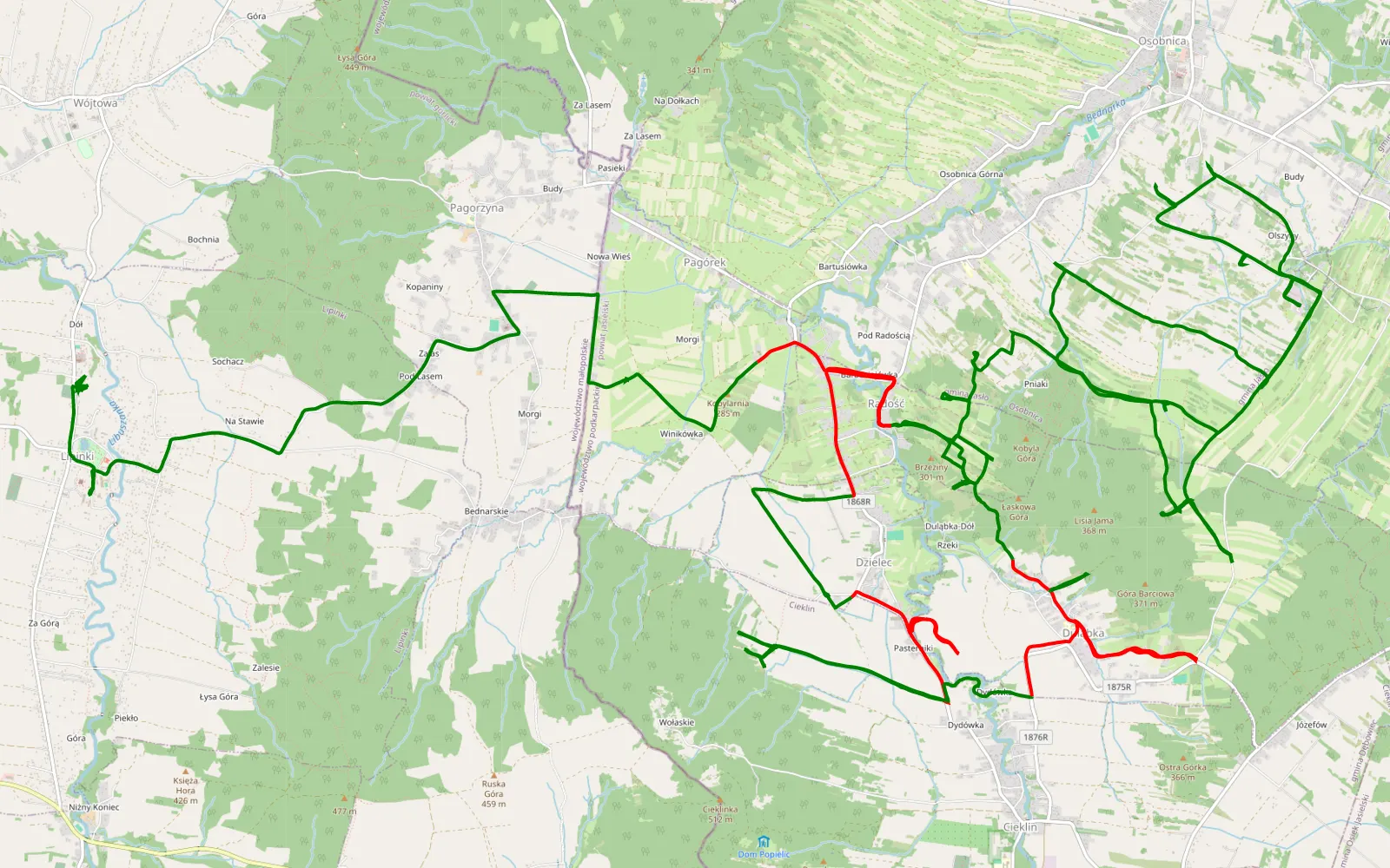 Map of Duląbka - Lipinki - 34.1 km offroad trail, Jasło County