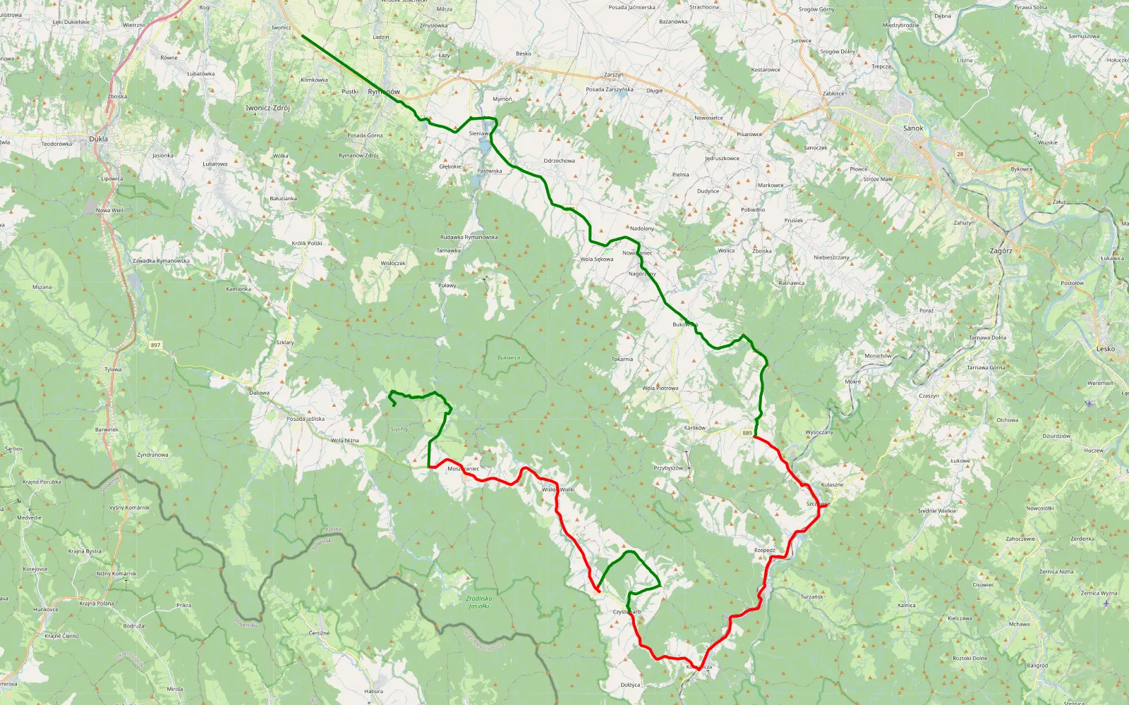 Map of Cała pod krosnem - 55.1 km offroad trail, Sanok County