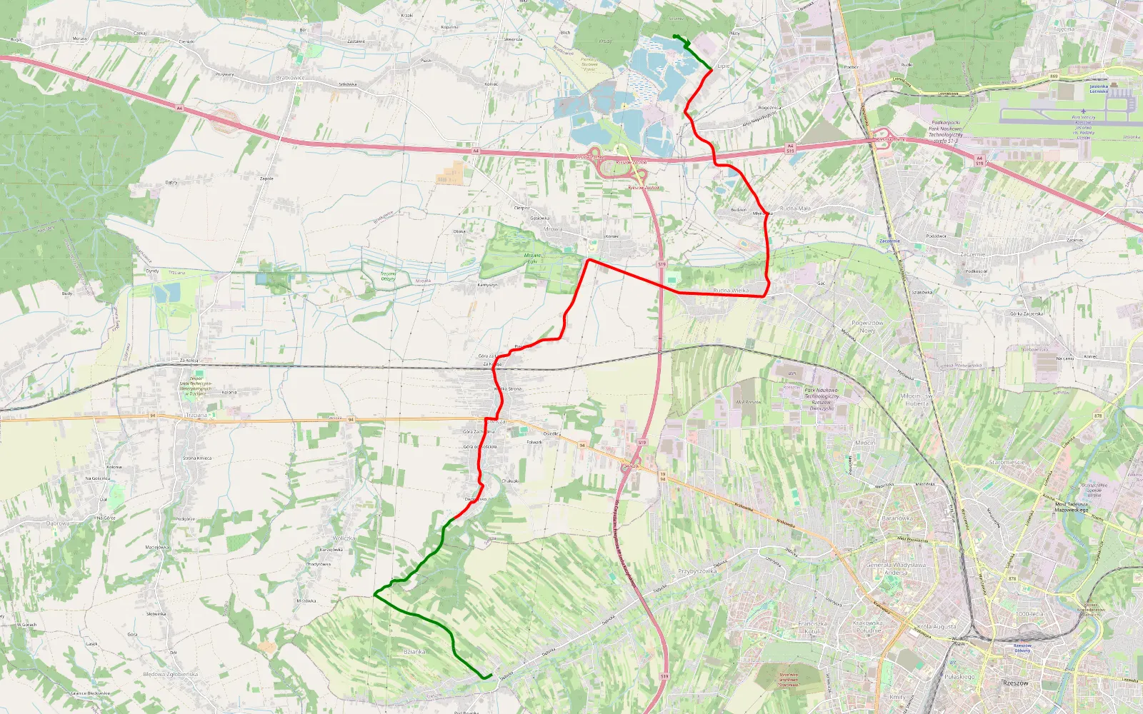 Mapa trasy Bzianka - Lipie - 16.3 km trasy offroad, Powiat Rzeszowski