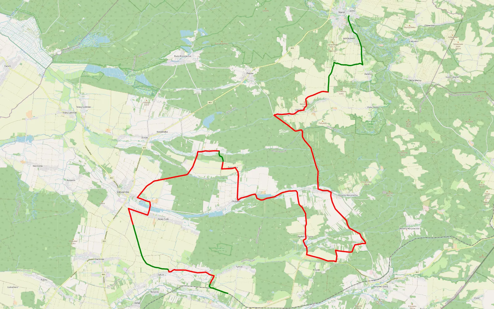 Map of Basznia Dolna - Lipsko - 57.4 km offroad trail, Lubaczów County