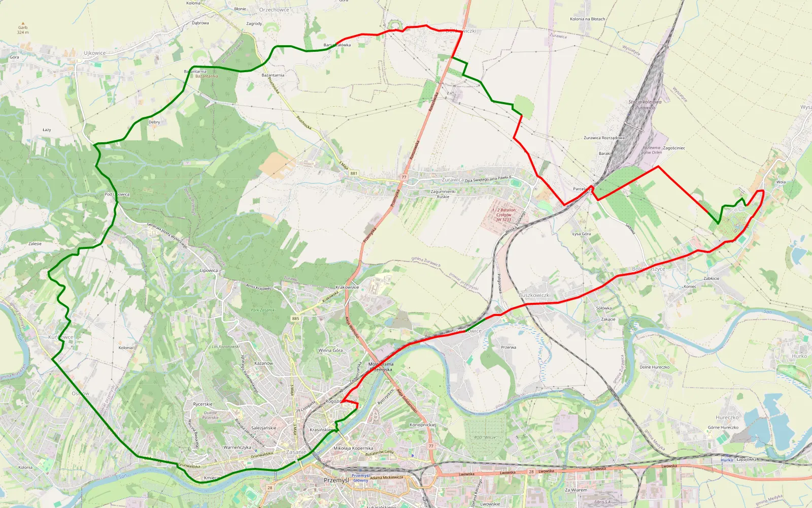 Mapa trasy szlak-forteczny-odcinek-polnocny.gpx - 19.3 km trasy offroad, Powiat Przemyski