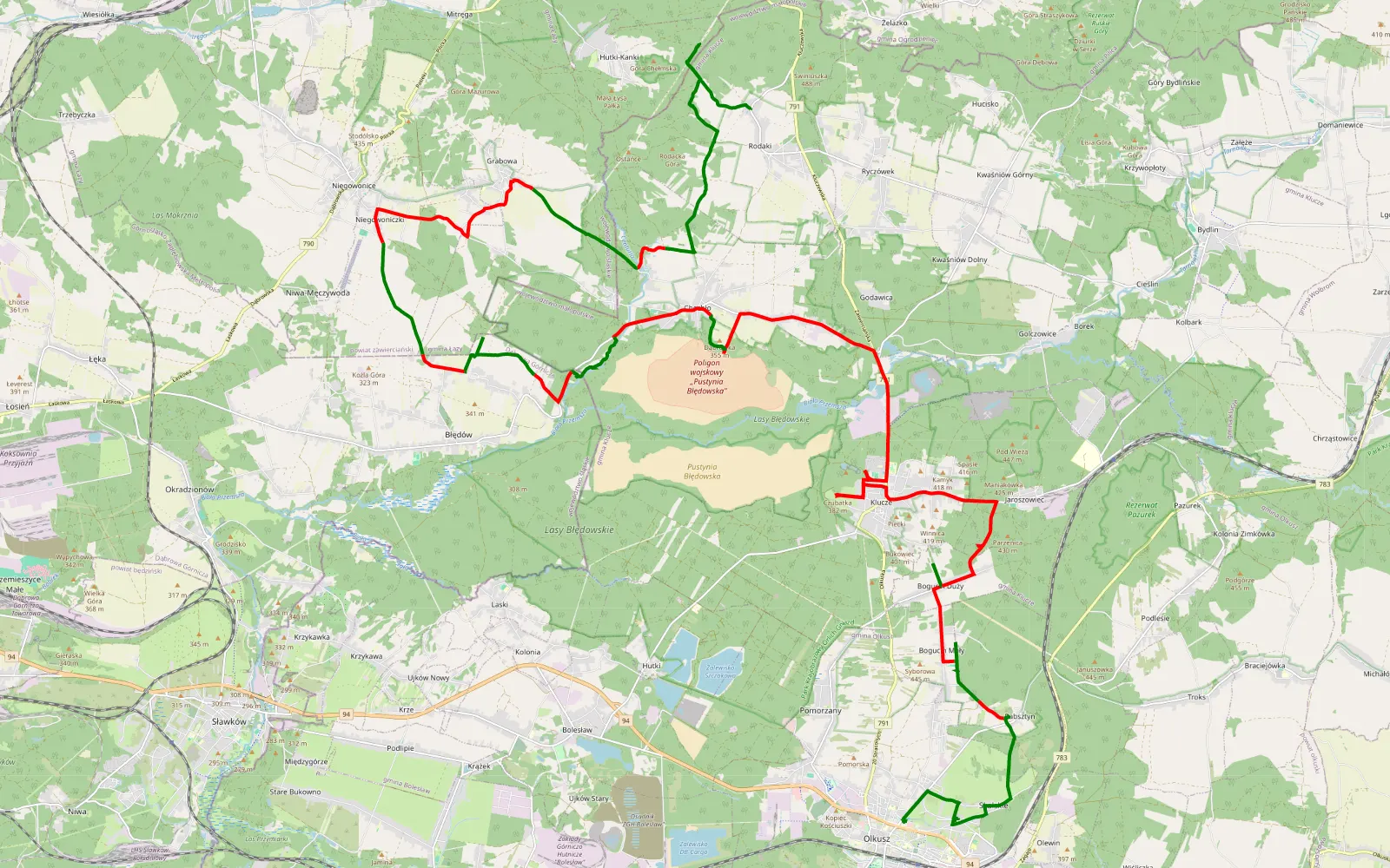 Mapa trasy Olkusz - Rodaki - 45.4 km trasy offroad, Powiat Olkuski