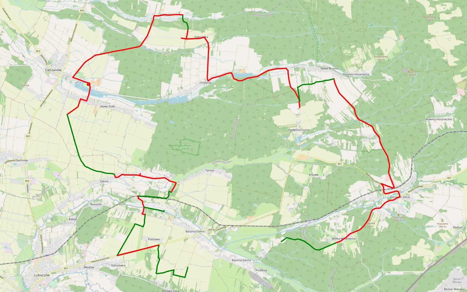Map of Borowa Góra - Reichau - 61.1 km offroad trail, Lubaczów County
