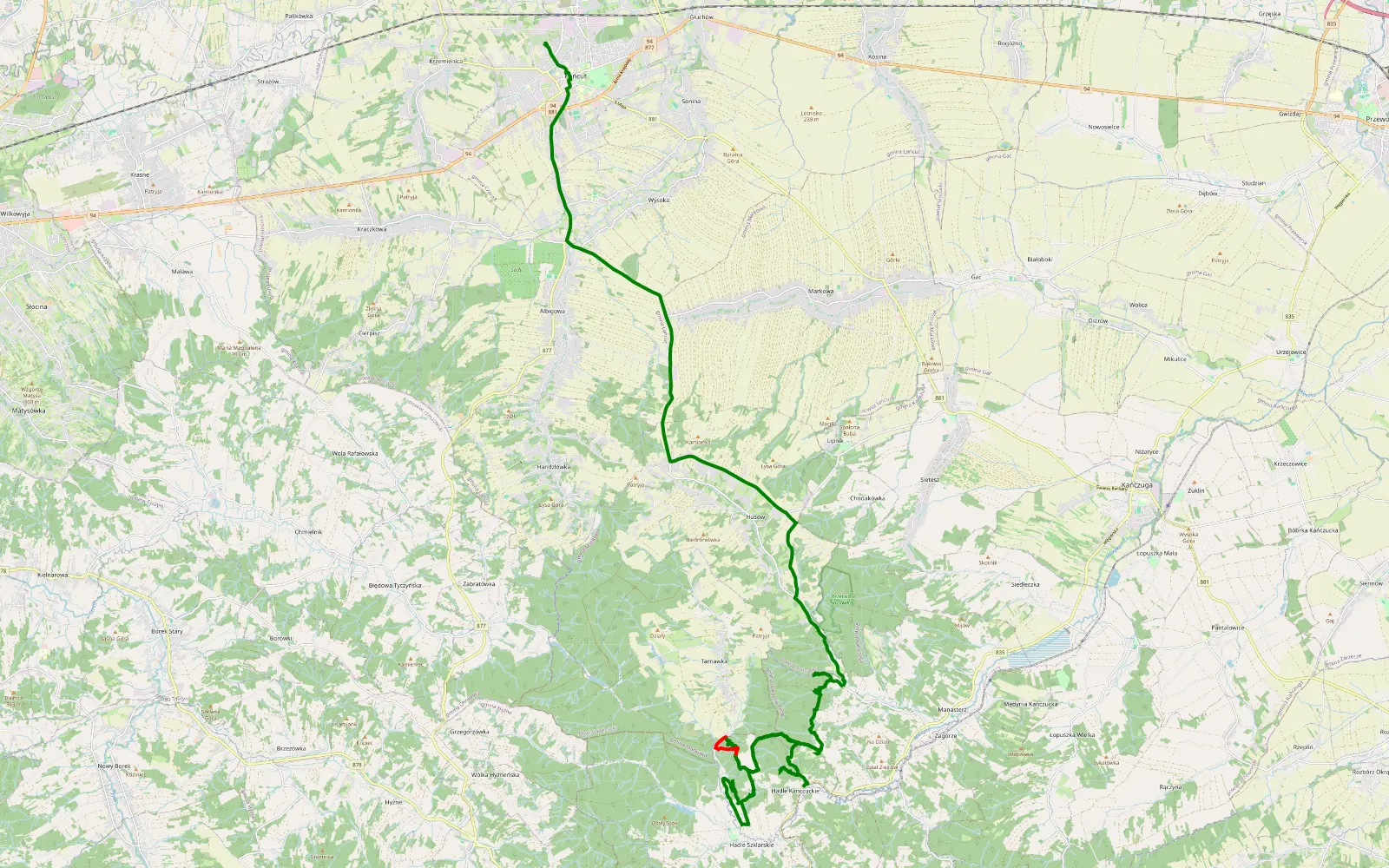 Mapa trasy Hadle Kańczuckie - Łańcut - 19.9 km trasy offroad, Powiat Przeworski