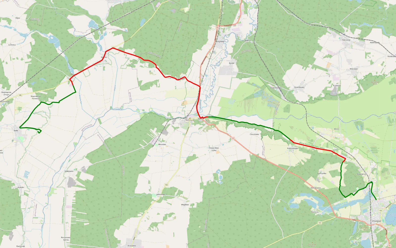 Map of Chodzież - Biała - 37.4 km offroad trail, Czarnków-Trzcianka County