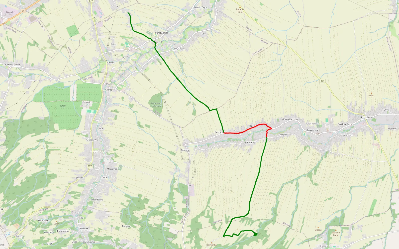 Mapa trasy Markowa - Wysoka - 12.8 km trasy offroad, Powiat Łańcucki