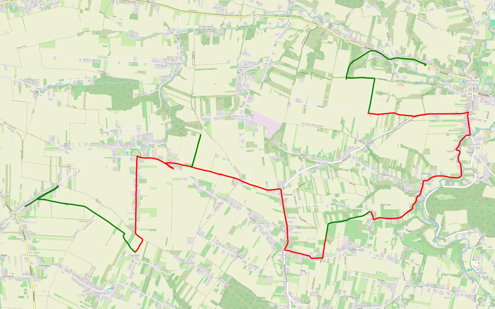 Mapa trasy Cianowice Duże - Iwanowice - 16 km trasy offroad, Powiat Krakowski